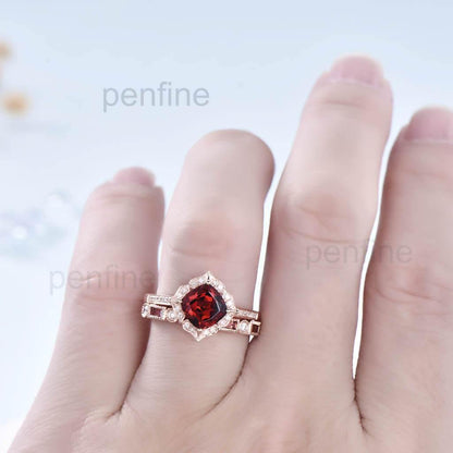 Floral Garnet And Diamond Rings Wedding Set January birthstone - PENFINE