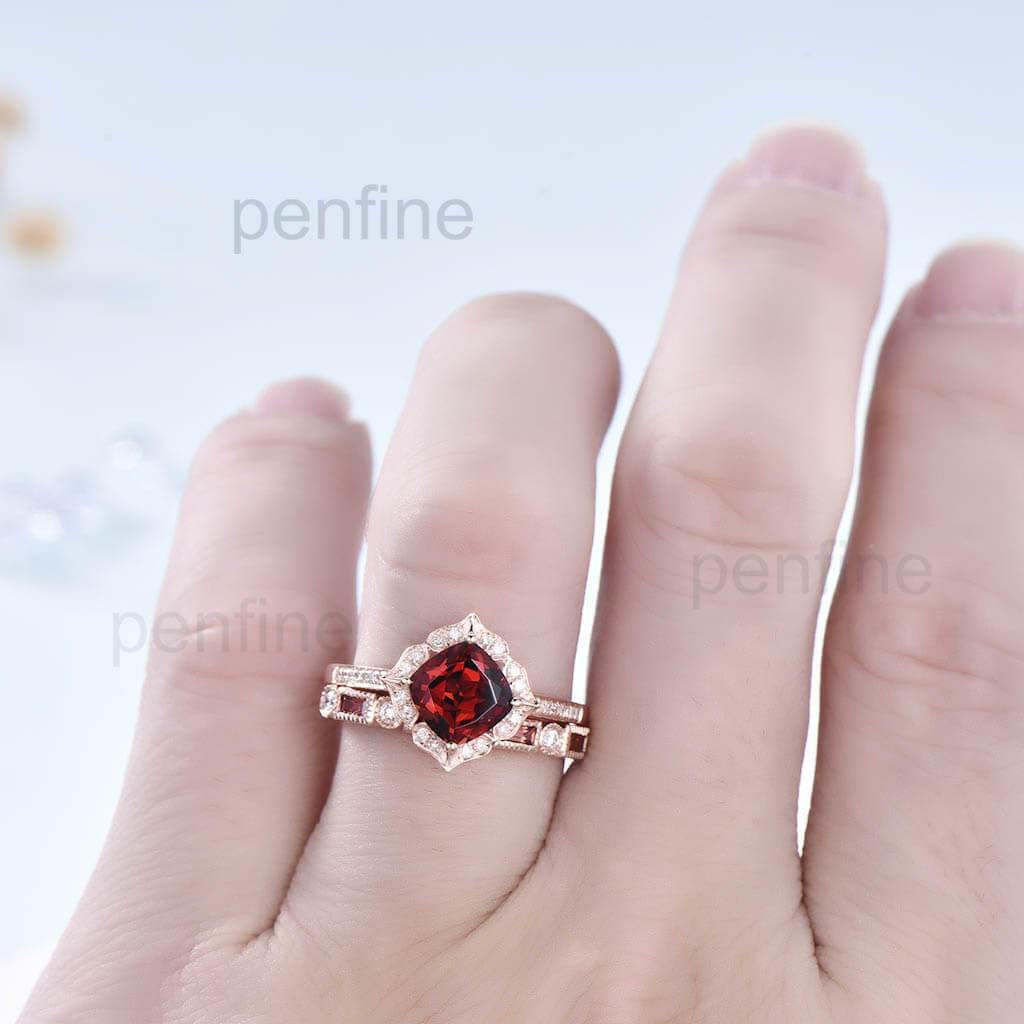 Floral Garnet And Diamond Rings Wedding Set January birthstone - PENFINE