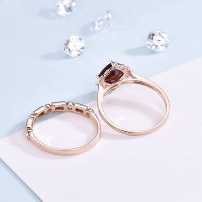 Floral Garnet And Diamond Rings Wedding Set January birthstone - PENFINE