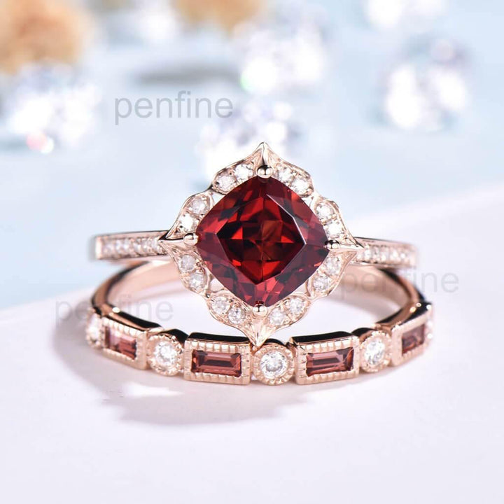 Floral Garnet And Diamond Rings Wedding Set January birthstone - PENFINE