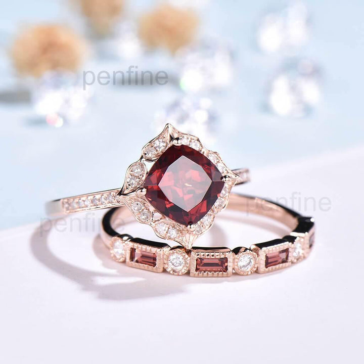 Floral Garnet And Diamond Rings Wedding Set January birthstone - PENFINE