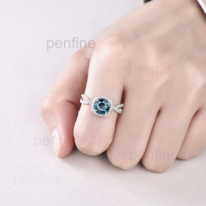 Twisted London Blue Topaz Halo Diamond Engagement Ring - PENFINE