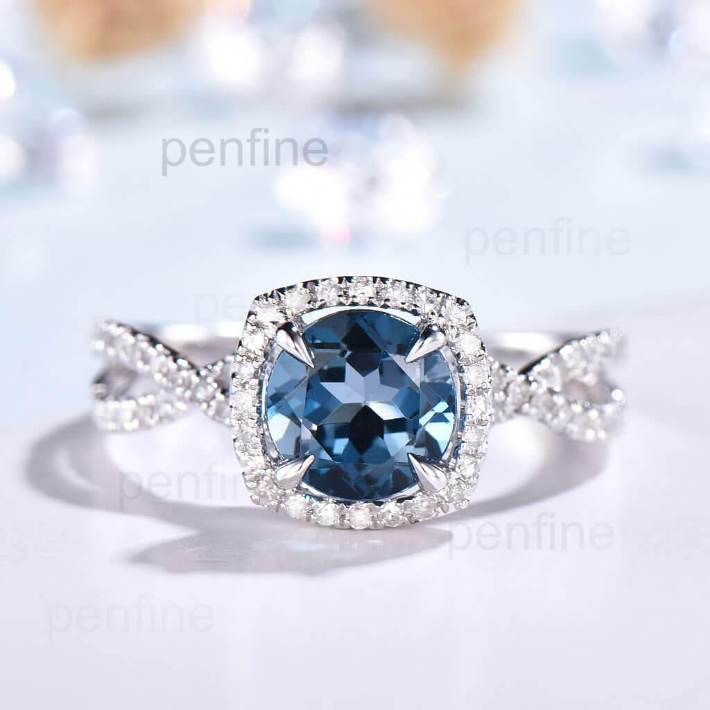Twisted London Blue Topaz Halo Diamond Engagement Ring - PENFINE