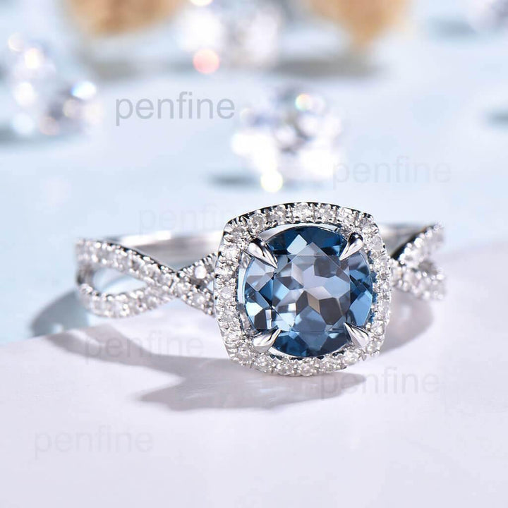 Twisted London Blue Topaz Halo Diamond Engagement Ring - PENFINE