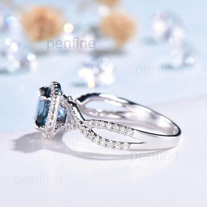 Twisted London Blue Topaz Halo Diamond Engagement Ring - PENFINE