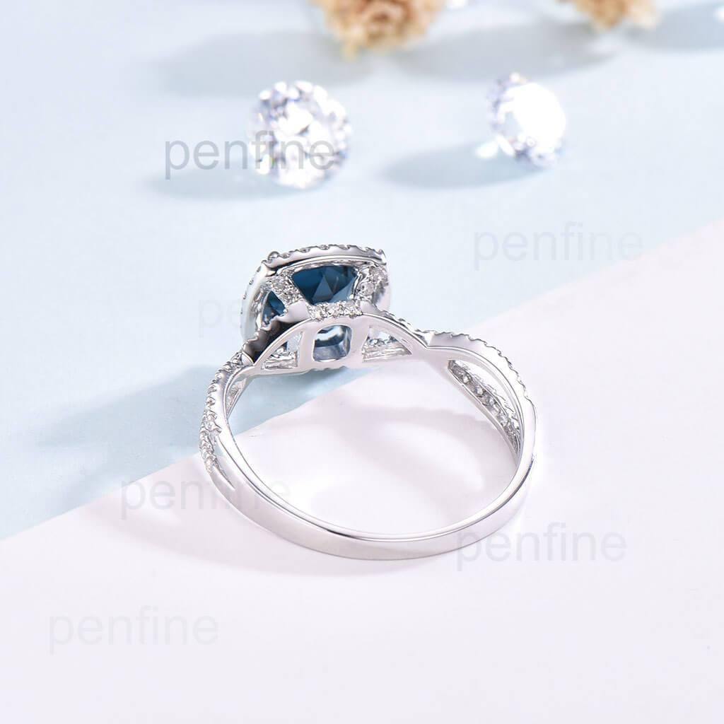 Twisted London Blue Topaz Halo Diamond Engagement Ring - PENFINE