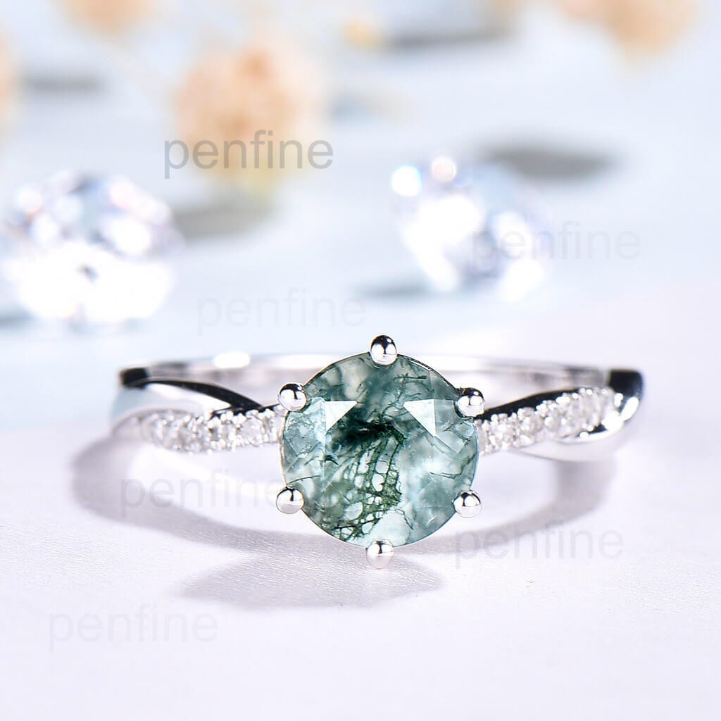 Infinity  Moss Agate Engagement Ring Diamond White Gold 6 Prongs - PENFINE