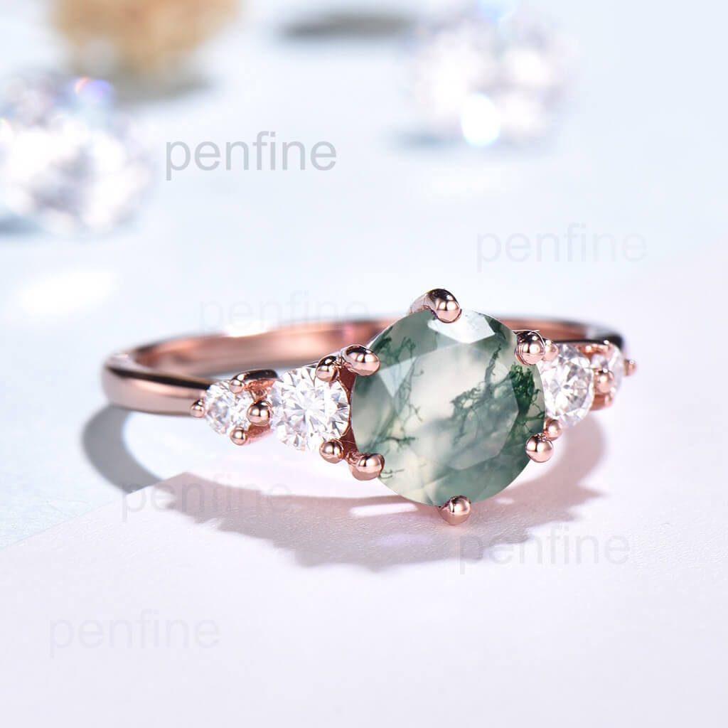 round cut moss agate engagement ring