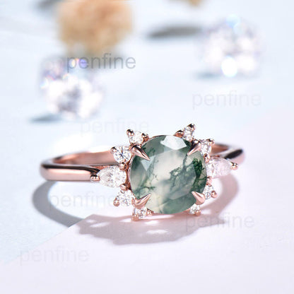 Vintage Moss Agate Engagement Ring Rose Gold Ring Cluster Moissanite Ring For Women Unique Moss Agate Ring Gold Antique Jewelry Bridal Gift - PENFINE