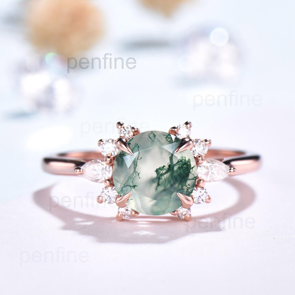 Vintage Moss Agate Engagement Ring Rose Gold Ring Cluster Moissanite Ring For Women Unique Moss Agate Ring Gold Antique Jewelry Bridal Gift - PENFINE