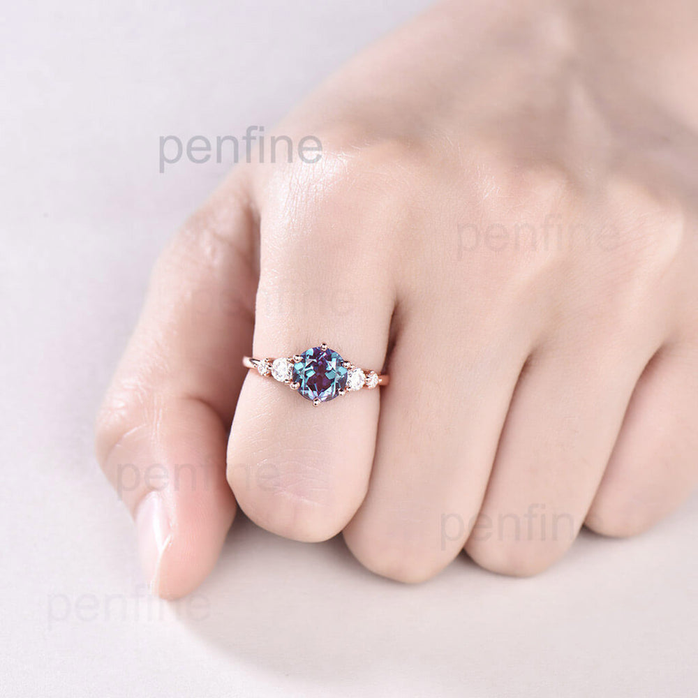 Unique Round Alexandrite Engagement Ring Five Stone Yde01 - PENFINE