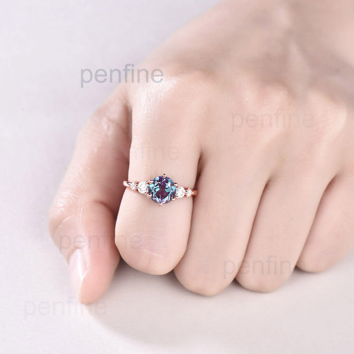 Unique Round Alexandrite Engagement Ring Five Stone Yde01 - PENFINE