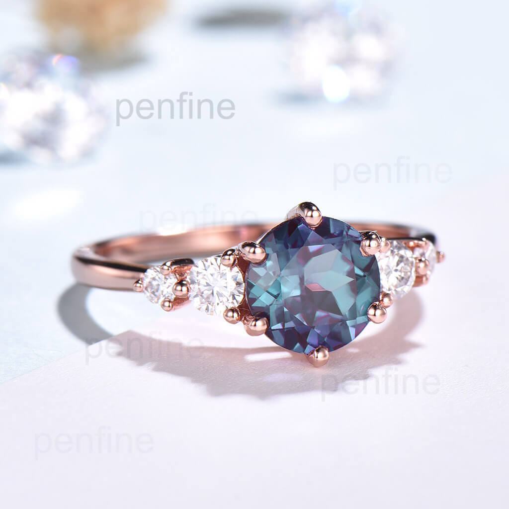 Unique Round Alexandrite Engagement Ring Five Stone Yde01 - PENFINE