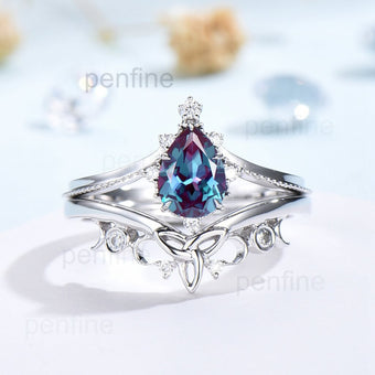 Art Deco Alexandrite Engagement Ring Set Vintage 2pcs - PENFINE