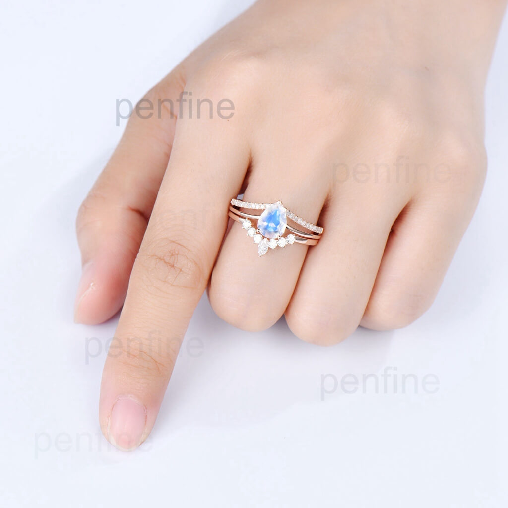 Split Shank Rainbow Blue Pear Shaped Moonstone Wedding Set Crown Moissanite Band - PENFINE