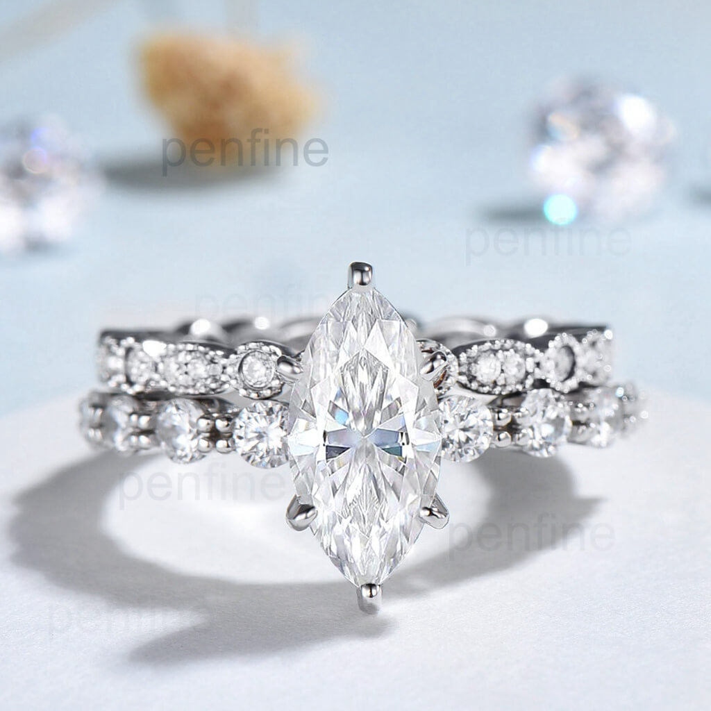 White Gold Marquise Moissanite Engagement Ring Set Minimalist Bridal Set For Women Milgrain Art Deco Full Eternity Wedding Band Promise gift - PENFINE