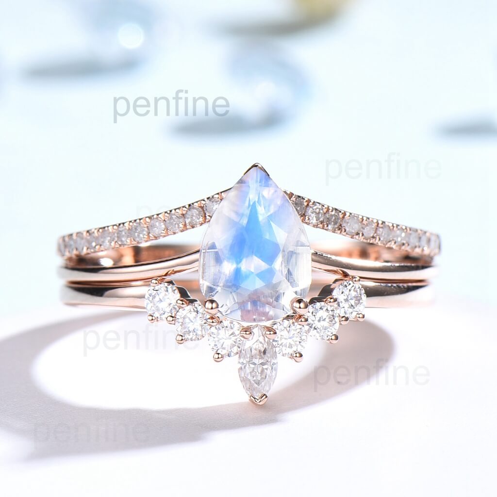 Split Shank Rainbow Blue Pear Shaped Moonstone Wedding Set Crown Moissanite Band - PENFINE