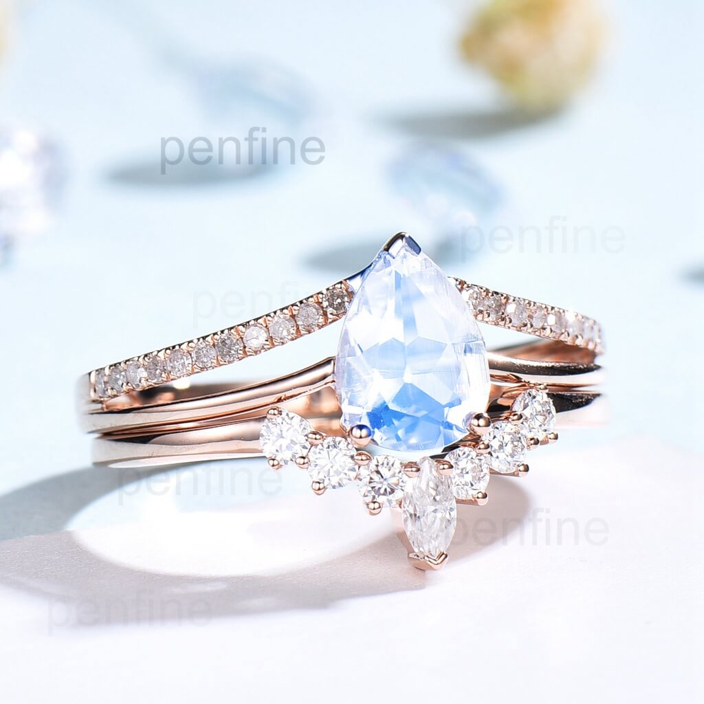 Split Shank Rainbow Blue Pear Shaped Moonstone Wedding Set Crown Moissanite Band - PENFINE