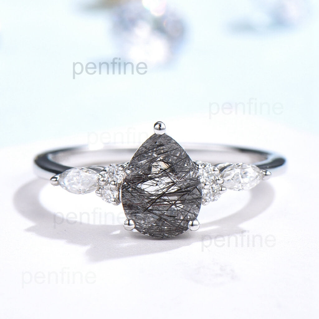 Pear black rutilated quartz engagement ring for women vintage marquise moissanite ring rose gold black stone ring anniversary wedding ring - PENFINE