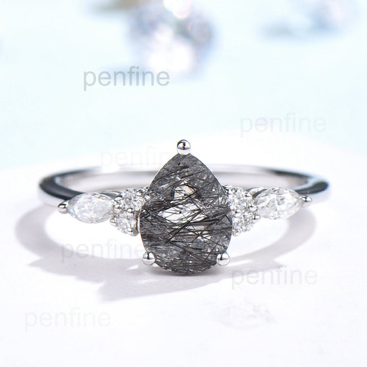 Pear black rutilated quartz engagement ring for women vintage marquise moissanite ring rose gold black stone ring anniversary wedding ring - PENFINE