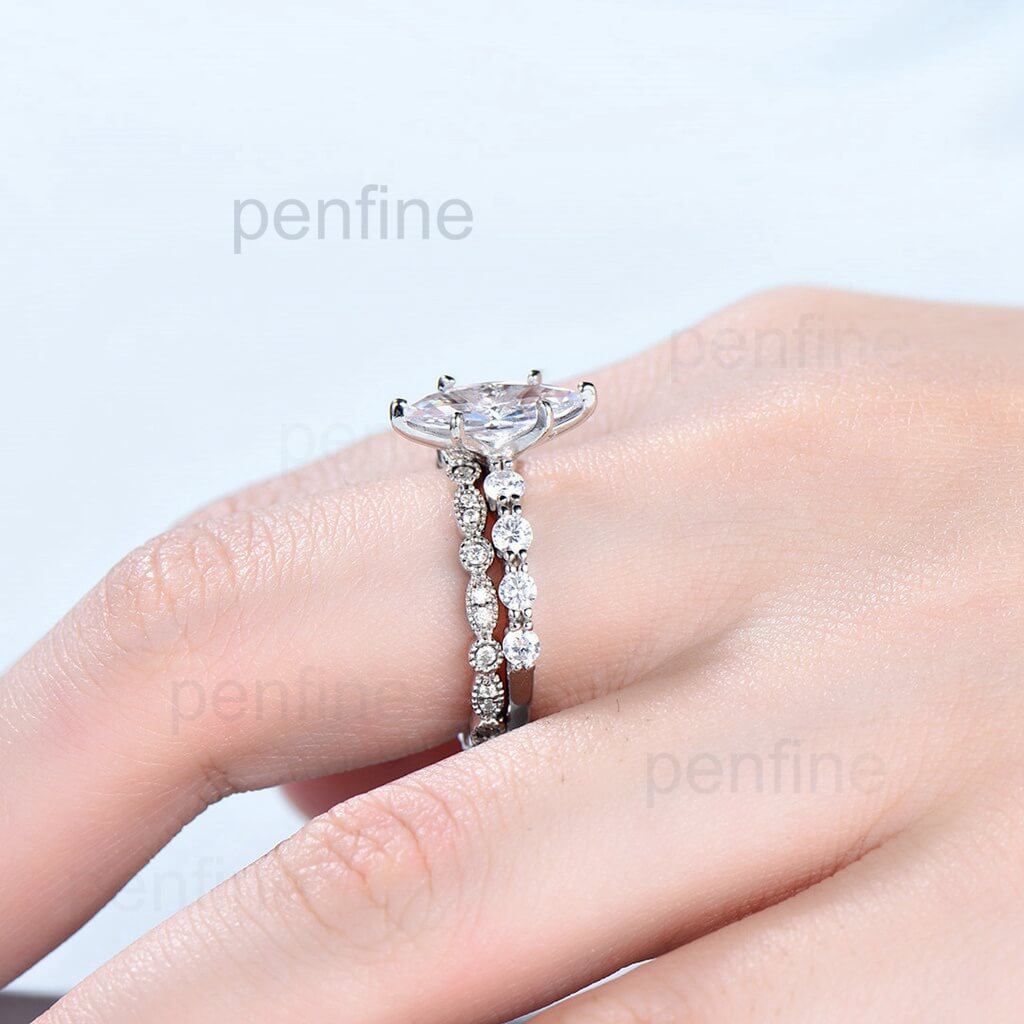 White Gold Marquise Moissanite Engagement Ring Set Minimalist Bridal Set For Women Milgrain Art Deco Full Eternity Wedding Band Promise gift - PENFINE