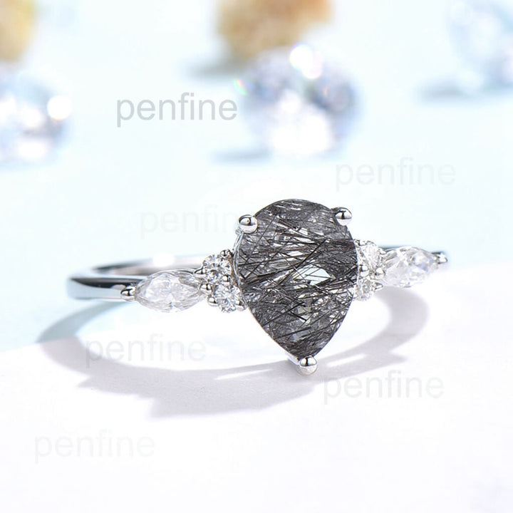 Pear black rutilated quartz engagement ring for women vintage marquise moissanite ring rose gold black stone ring anniversary wedding ring - PENFINE