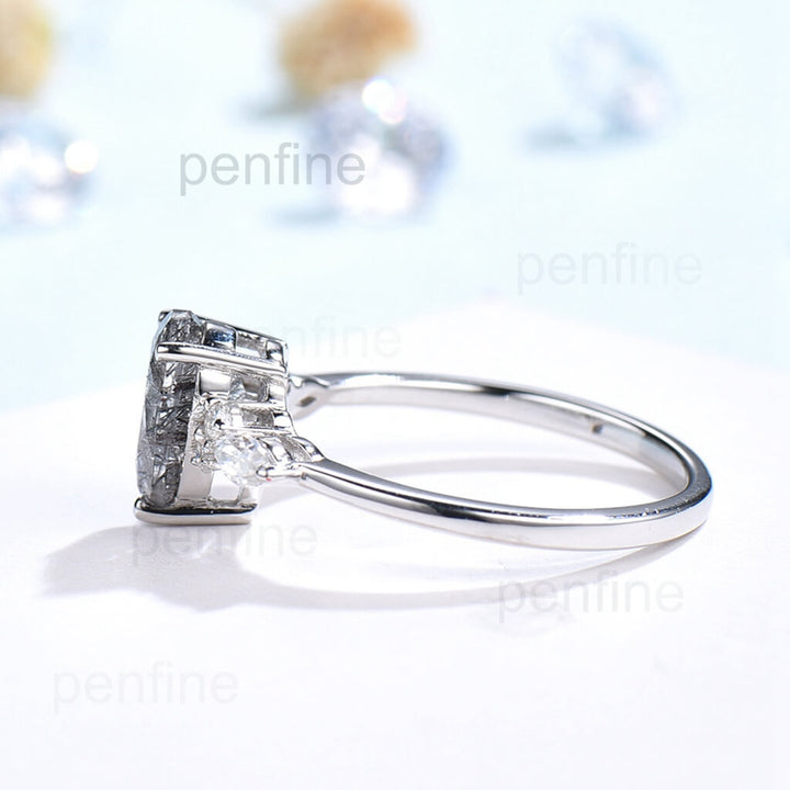 Pear black rutilated quartz engagement ring for women vintage marquise moissanite ring rose gold black stone ring anniversary wedding ring - PENFINE