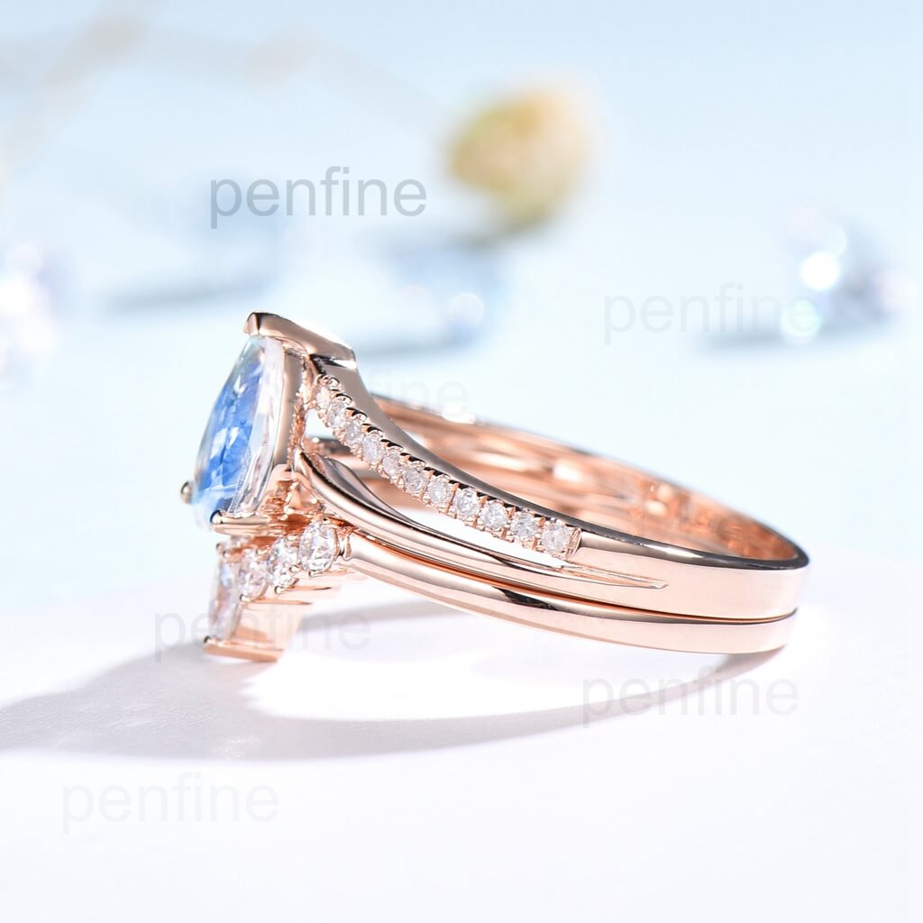 Split Shank Rainbow Blue Pear Shaped Moonstone Wedding Set Crown Moissanite Band - PENFINE