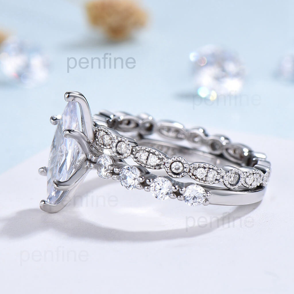 White Gold Marquise Moissanite Engagement Ring Set Minimalist Bridal Set For Women Milgrain Art Deco Full Eternity Wedding Band Promise gift - PENFINE