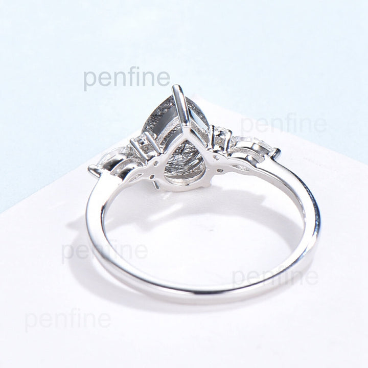 Pear black rutilated quartz engagement ring for women vintage marquise moissanite ring rose gold black stone ring anniversary wedding ring - PENFINE