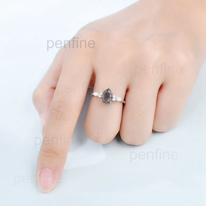 Pear black rutilated quartz engagement ring for women vintage marquise moissanite ring rose gold black stone ring anniversary wedding ring - PENFINE