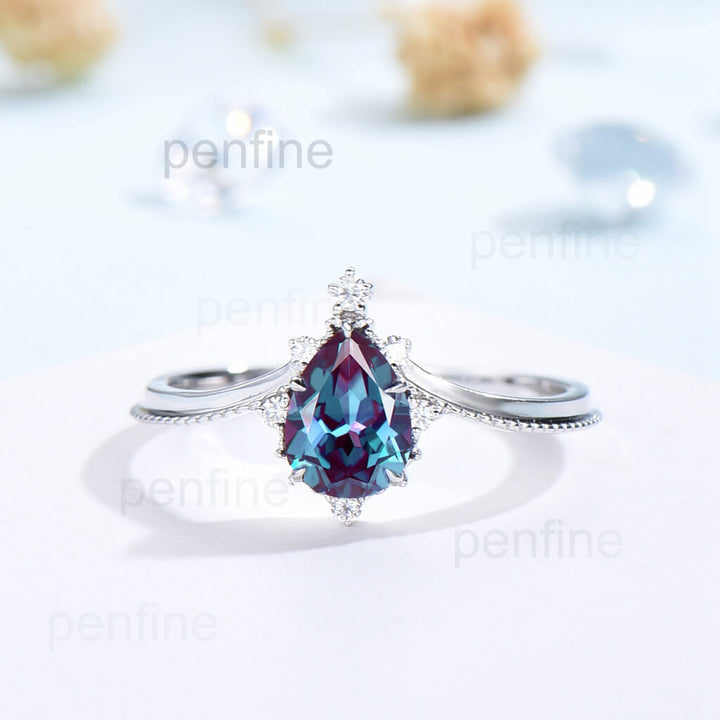 Art Deco Alexandrite Engagement Ring Set Vintage 2pcs - PENFINE