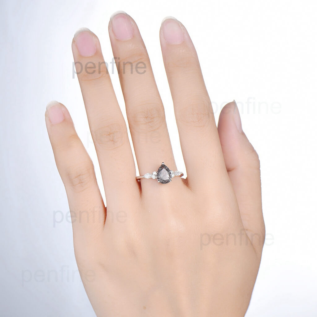 Pear black rutilated quartz engagement ring for women vintage marquise moissanite ring rose gold black stone ring anniversary wedding ring - PENFINE