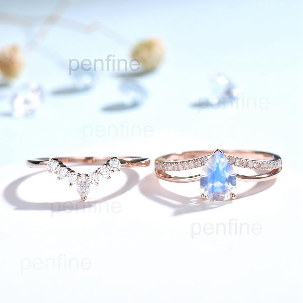 Split Shank Rainbow Blue Pear Shaped Moonstone Wedding Set Crown Moissanite Band - PENFINE