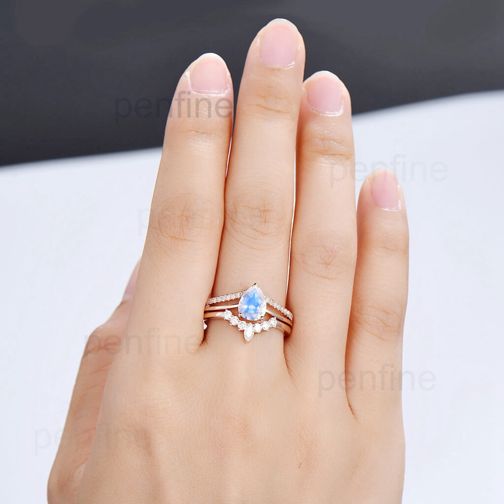 Split Shank Rainbow Blue Pear Shaped Moonstone Wedding Set Crown Moissanite Band - PENFINE