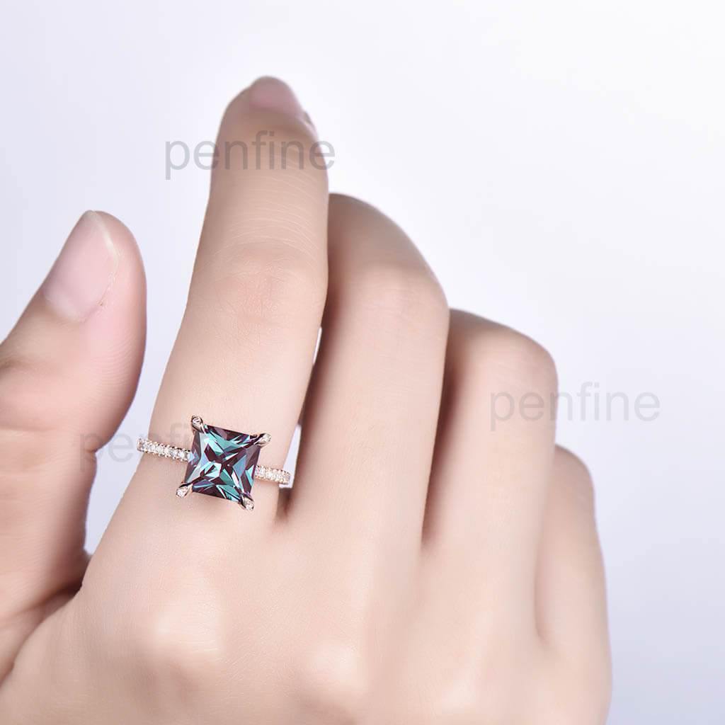 Unique Princess Cut Alexandrite Diamond Engagement Ring Claw Prong - PENFINE