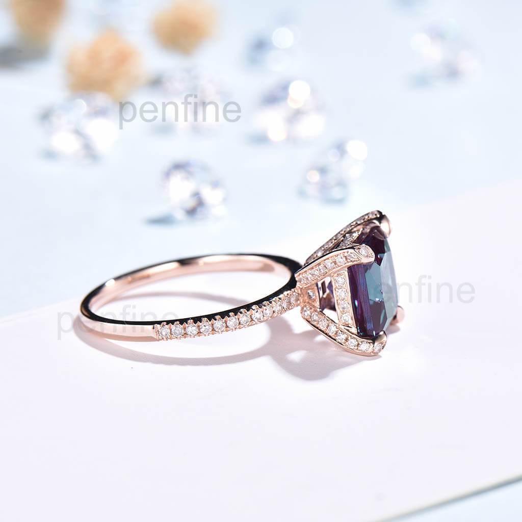 Unique Princess Cut Alexandrite Diamond Engagement Ring Claw Prong - PENFINE
