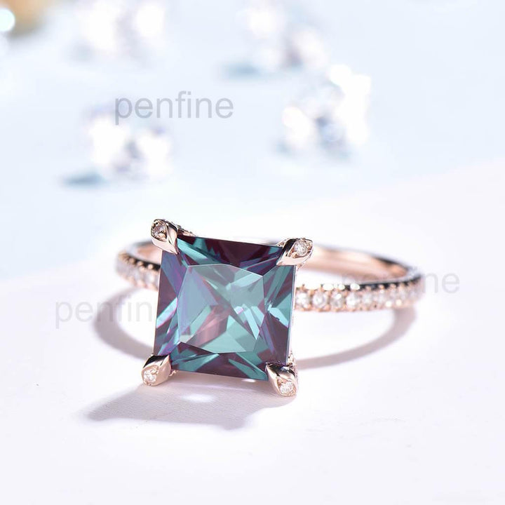 Unique Princess Cut Alexandrite Diamond Engagement Ring Claw Prong - PENFINE