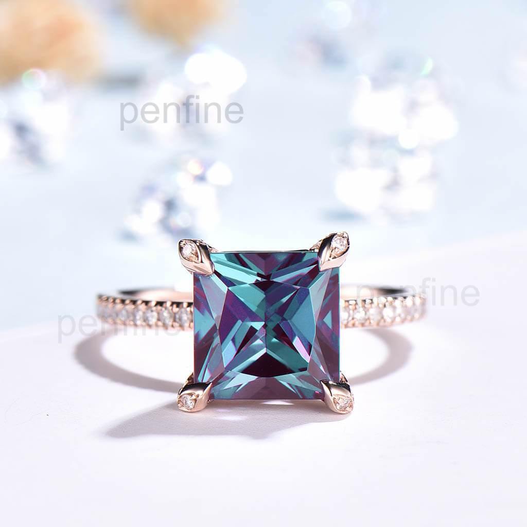 Unique Princess Cut Alexandrite Diamond Engagement Ring Claw Prong - PENFINE
