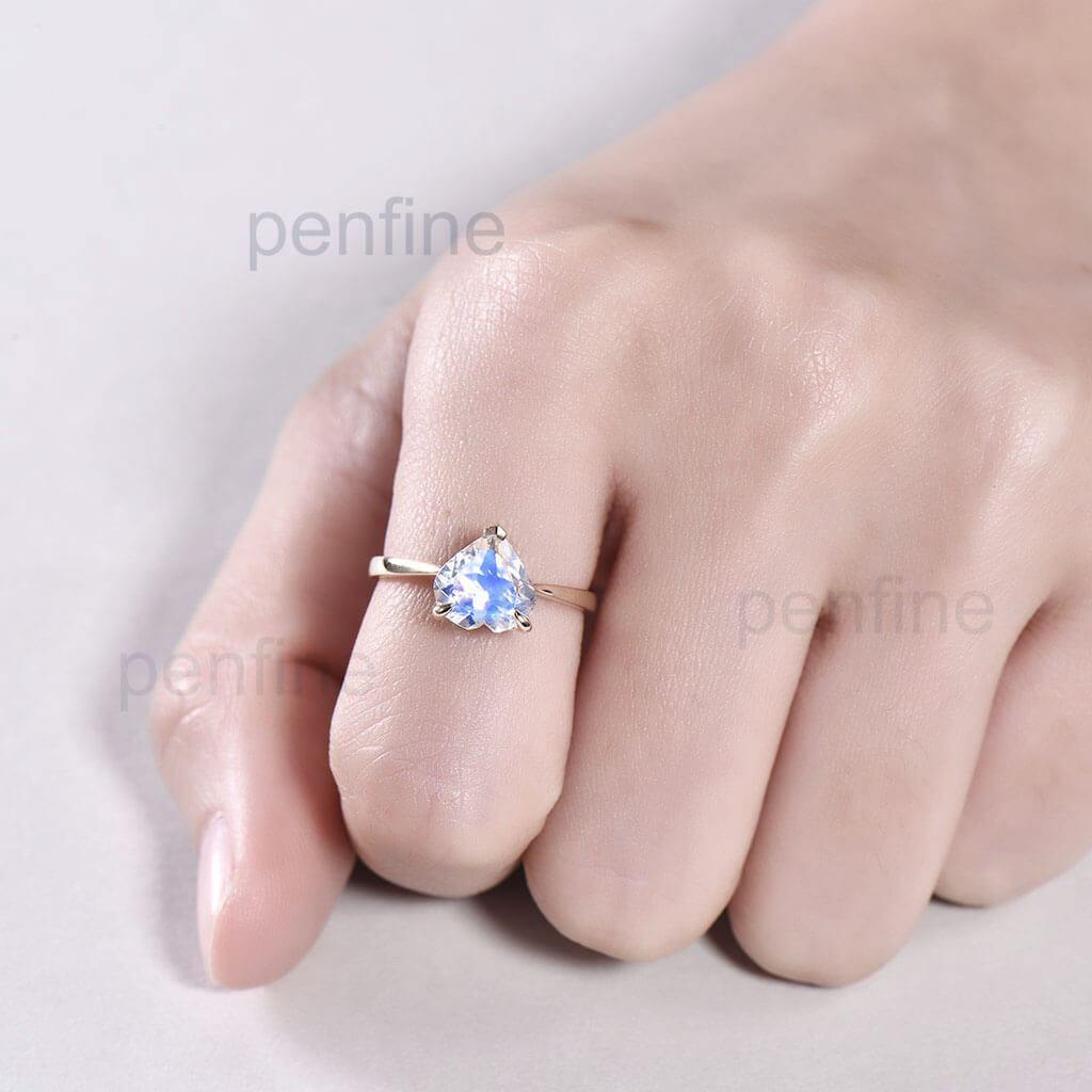 Heart Shaped Rainbow Moonstone Engagement Ring Solitaire - PENFINE