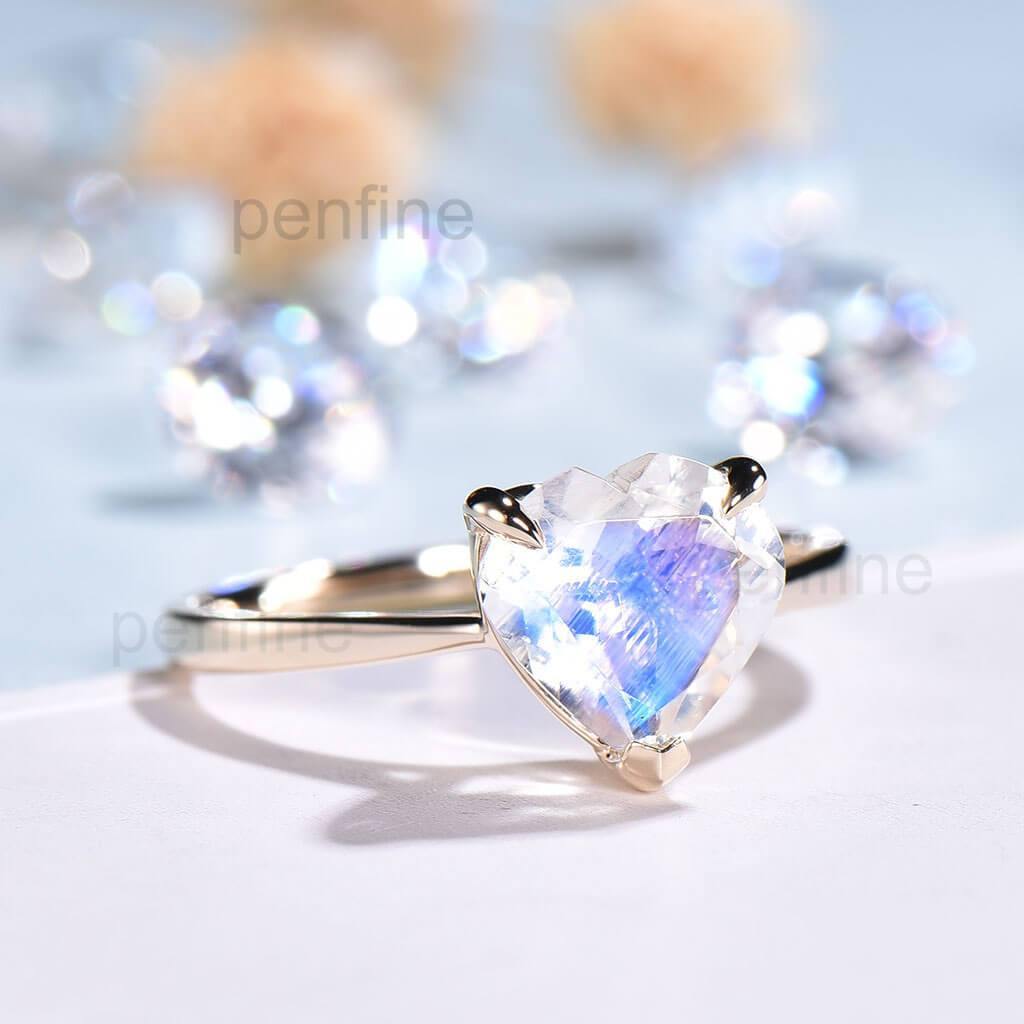 Heart Shaped Rainbow Moonstone Engagement Ring Solitaire - PENFINE