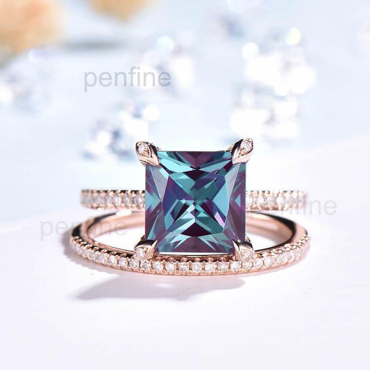 Princess Cut Alexandrite Diamond Engagement Ring Set Claw Prong 2pcs - PENFINE