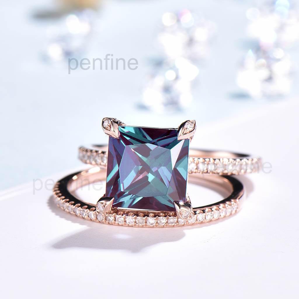 Princess Cut Alexandrite Diamond Engagement Ring Set Claw Prong 2pcs - PENFINE