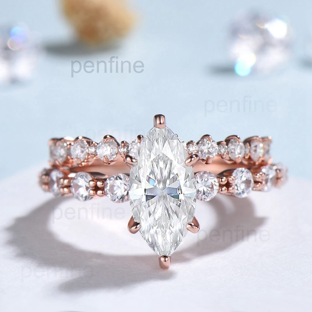 Unique 1CT moissanite ring | Minimalist moissanite engagement ring set rose gold | Marquise art deco wedding bridal Promise ring - PENFINE