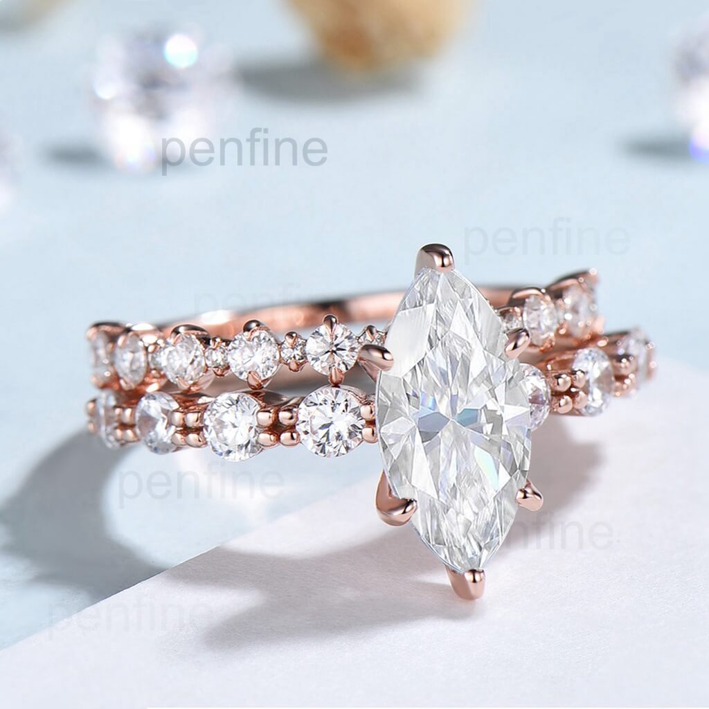 Unique 1CT moissanite ring | Minimalist moissanite engagement ring set rose gold | Marquise art deco wedding bridal Promise ring - PENFINE