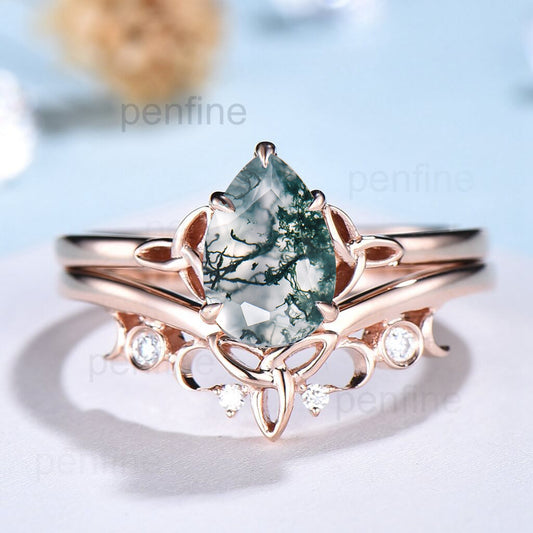 Celtic Knot Norse Viking Pear Moss Agate Engagement Ring Set - PENFINE