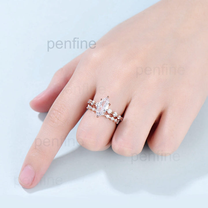 Unique 1CT moissanite ring | Minimalist moissanite engagement ring set rose gold | Marquise art deco wedding bridal Promise ring - PENFINE