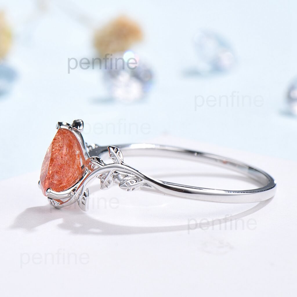 Vintage pear shaped sunstone engagement ring leaf flower art deco unique solitaire rose gold engagement ring anniversary wedding ring women - PENFINE