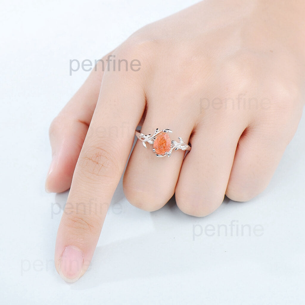 Vintage pear shaped sunstone engagement ring leaf flower art deco unique solitaire rose gold engagement ring anniversary wedding ring women - PENFINE