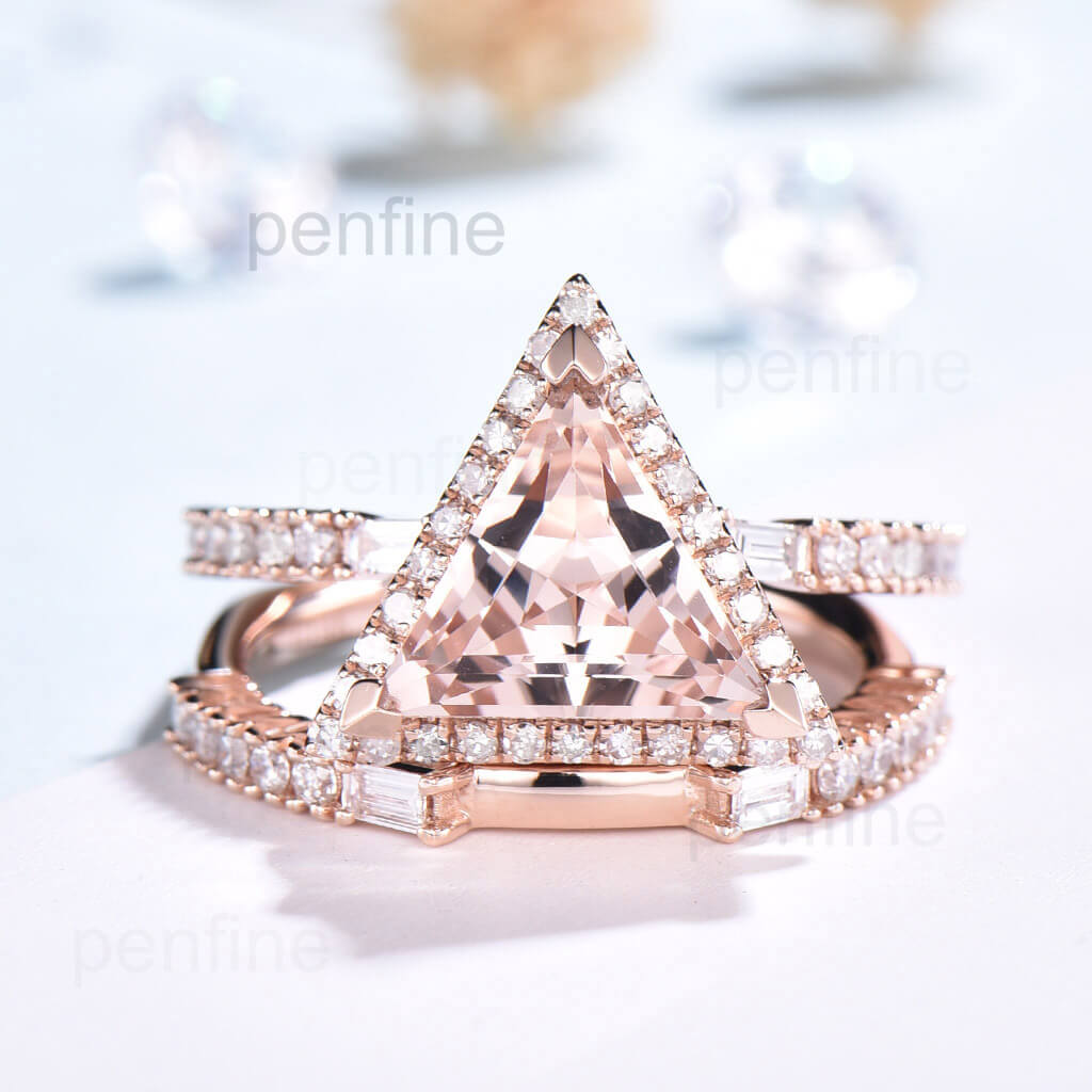 9mm Trillion Cut Unique Morganite Diamond Wedding Ring Set 2pcs - PENFINE
